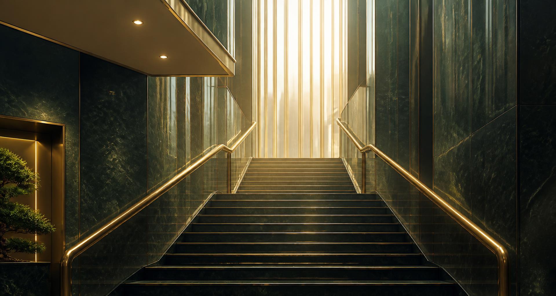 Escada ascendente em ambiente corporativo, simbolizando a evolução de valor da empresa