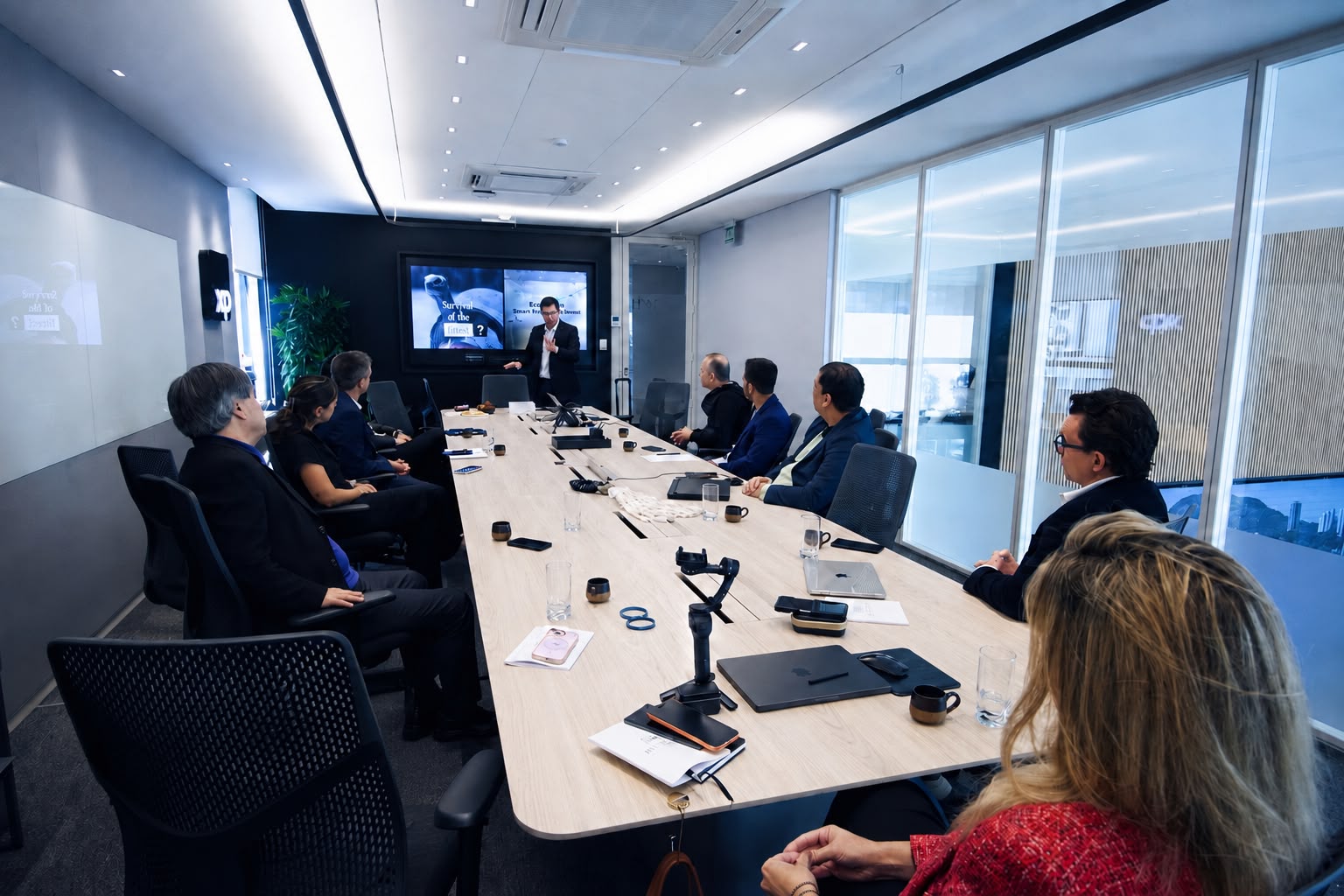 Reunião do ecossistema SM Partner em sala de conselho com empresários e investidores