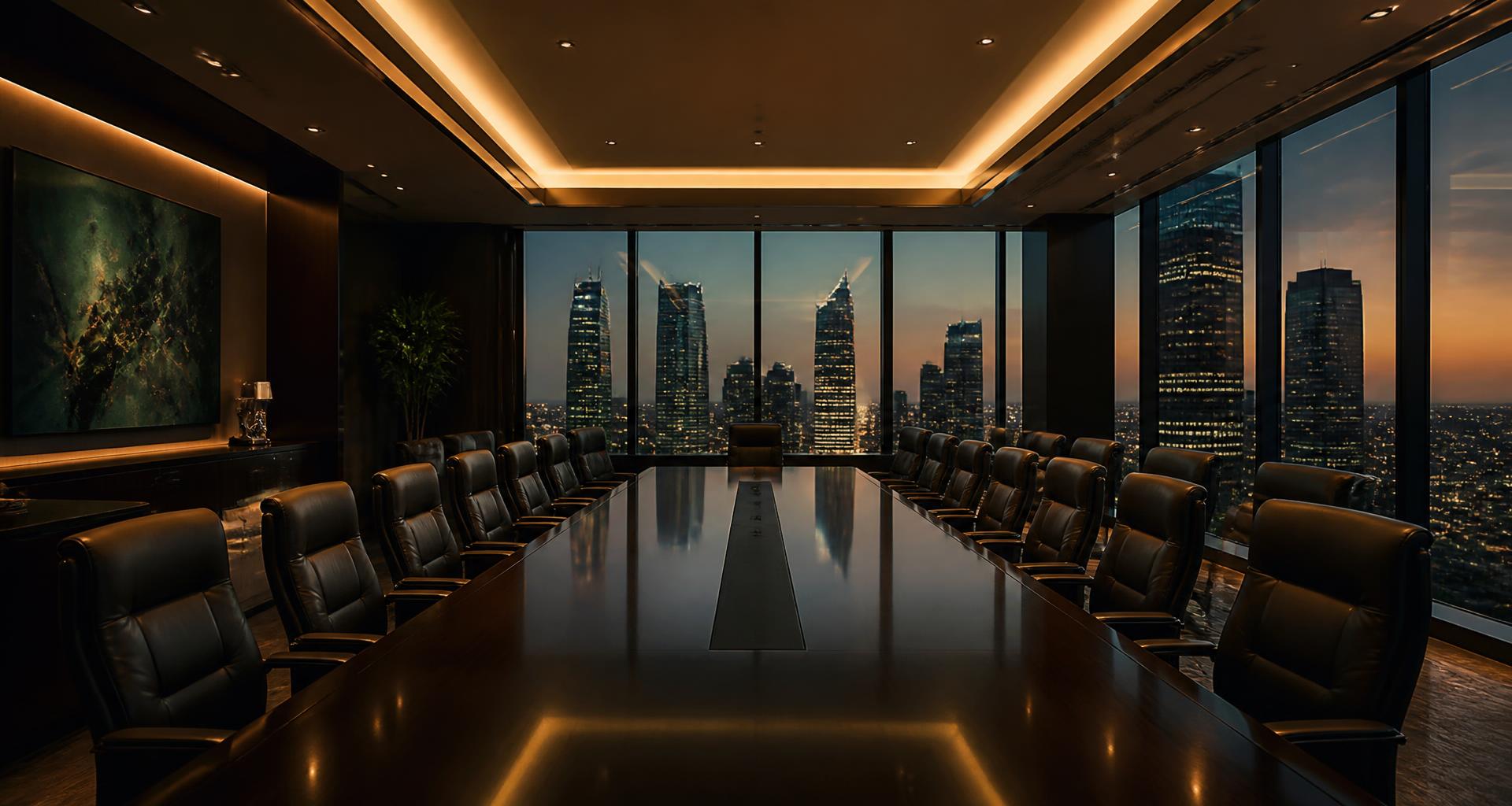 Sala de conselho executiva com mesa alongada e vista para a cidade ao anoitecer